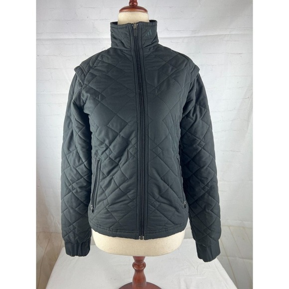 Adidas Womens XS Quilted Jacket Black Full Zip Lightweight Stand-Up Collar EUC - Picture 1 of 4